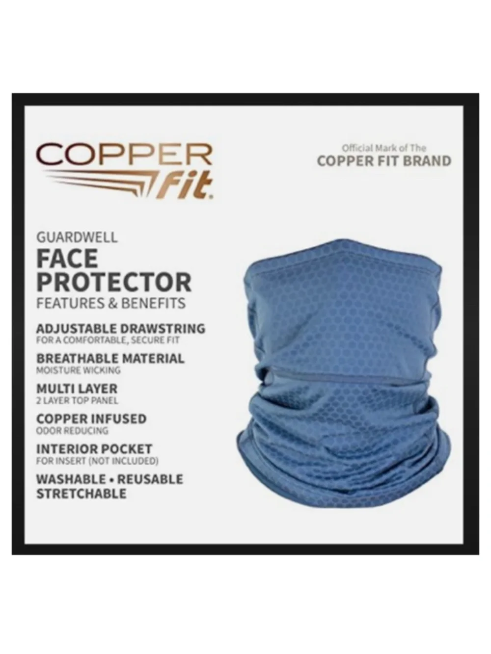 Copper Fit Guardwell Copper Infused Face Protector - Blue Adult Unisex NEW